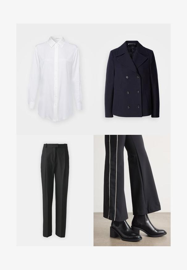 Navy wol pea coat met een dubbele rij knopen, grote gelapende revers, zwarte knopen en zijzakken. Gladde textuur en taillerende pasvorm.; BOSS Overhemdblouse - open white; Zwarte op maat gemaakte broek gemaakt van lichtgewicht stof, met een rechte snit, platte voorkant en riemlussen. Glad textuur zonder zichtbare patronen.; Zwarte leren enkellaarzen met een blokhak, voorzien van elastische zijpanelen. Gecombineerd met zwarte broeken met een witte zijstreep.