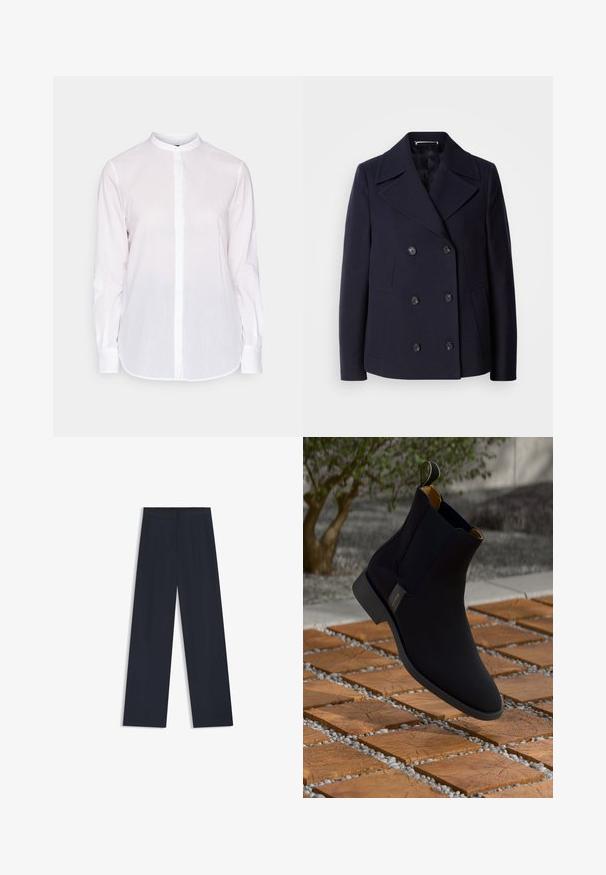 Abrigo de lana marino tipo pea coat con diseño de doble botonadura, grandes solapas muescas, botones negros y bolsillos laterales. Textura suave y corte ajustado.; Camisa blanca de manga larga con cuello mandarín, cierre delantero de botones y dobladillo ligeramente curvado. Fabricada en un tejido ligero y texturizado.; Pantalones de pierna ancha en color navy con cintura elástica, dos bolsillos laterales y una textura tejida suave. Sin patrones visibles ni detalles de herrajes.; Botín de cuero negro hasta el tobillo con un acabado suave, forro interior amarillo y una lengüeta; colocado sobre una superficie de madera texturizada y grava.