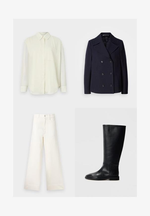Abrigo de lana marino tipo pea coat con diseño de doble botonadura, grandes solapas muescas, botones negros y bolsillos laterales. Textura suave y corte ajustado.; Camisa de botones de color crema claro con cuello clásico, mangas largas, un bolsillo en el pecho y una textura de tela suave y lisa.; Pantalones de pierna ancha en algodón beige claro. Presenta una cintura alta, bolsillos frontales y un corte recto. Acabado de dobladillo limpio sin patrones.; Bota alta de cuero negro hasta la rodilla con punta redonda, textura suave, diseño minimalista y suela plana. Detalles de costura simples en el caña.