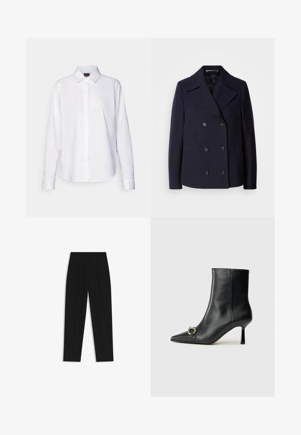 Navy wol pea coat met een dubbele rij knopen, grote gelapende revers, zwarte knopen en zijzakken. Gladde textuur en taillerende pasvorm.; Witte langärmelige overhemd met knopen, gemaakt van katoen. Bevat een klassieke kraag en subtiele gebrandmerkte borduursels op de borst. Soepele textuur.; Zwarte broeken met een rechte pasvorm, voorzien van dubbele plooien, een zachte textuur en een klassiek taillebandontwerp. Geen zichtbare hardware of accenten.; Zwarte leren enkelboot met spitse neus, slanke middenhoge hak en zilveren gespdetail aan de zijkant op een effen achtergrond.