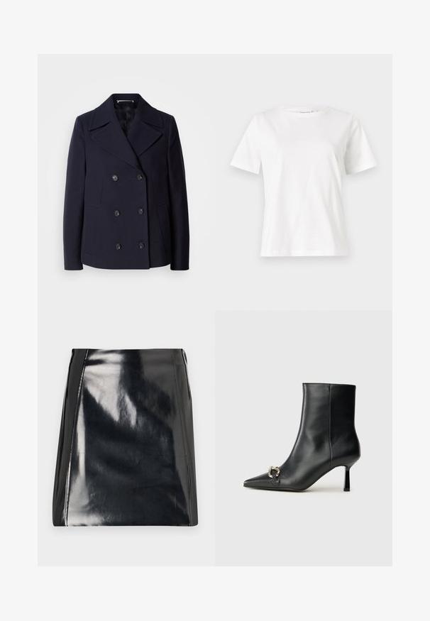 Cappotto da marinaio in lana blu navy con design doppiopetto, ampie rever, bottoni neri e tasche laterali. Tessuto liscio e vestibilità sartoriale.; T-shirt bianca in cotone con maniche corte, scollatura rotonda e vestibilità rilassata. Struttura liscia, senza motivi né accenti, design minimalista.; Gonna mini nera in pelle con finitura lucida. Presenta dettagli di cucitura visibili e una silhouette aderente. Texture liscia in tutto.; Stivale alla caviglia in pelle nera con punta affusolata, tacco sottile di media altezza e dettaglio in fibbia argentata sul lato, su sfondo semplice.