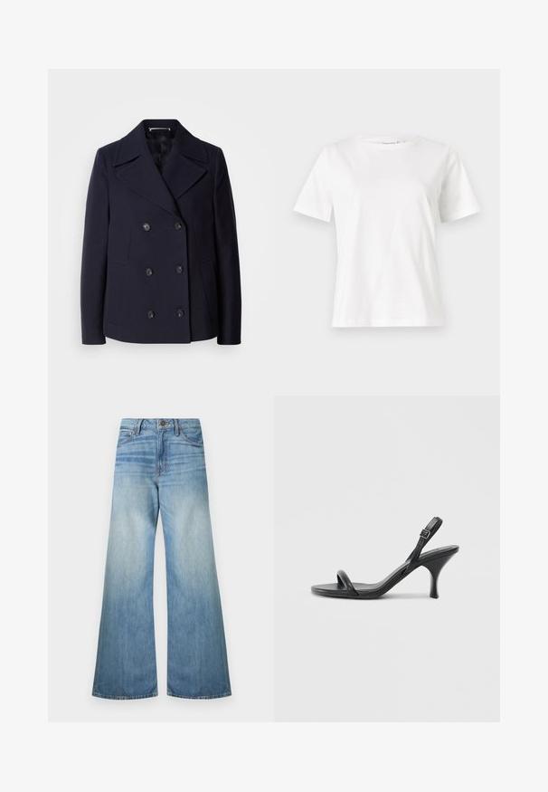 Mørkeblå uld pea coat med dobbeltbrystet design, store slagkraver, sorte knapper og sidelommer. Glat tekstur og skræddersyet pasform.; Hvid bomulds t-shirt med korte ærmer, rund halsudskæring og en afslappet pasform. Glat tekstur, ingen mønstre eller accenter, minimalistisk design.; Lyseblå vidde jeans lavet af denim, med en standard lynlås, fem lommer og en slidt finish med subtile whiskering-detaljer.; Sorte læder højhælede sandaler med en slank, buet hæl og et krydset stropdesign. Justerbar ankelrem. Glat tekstur.