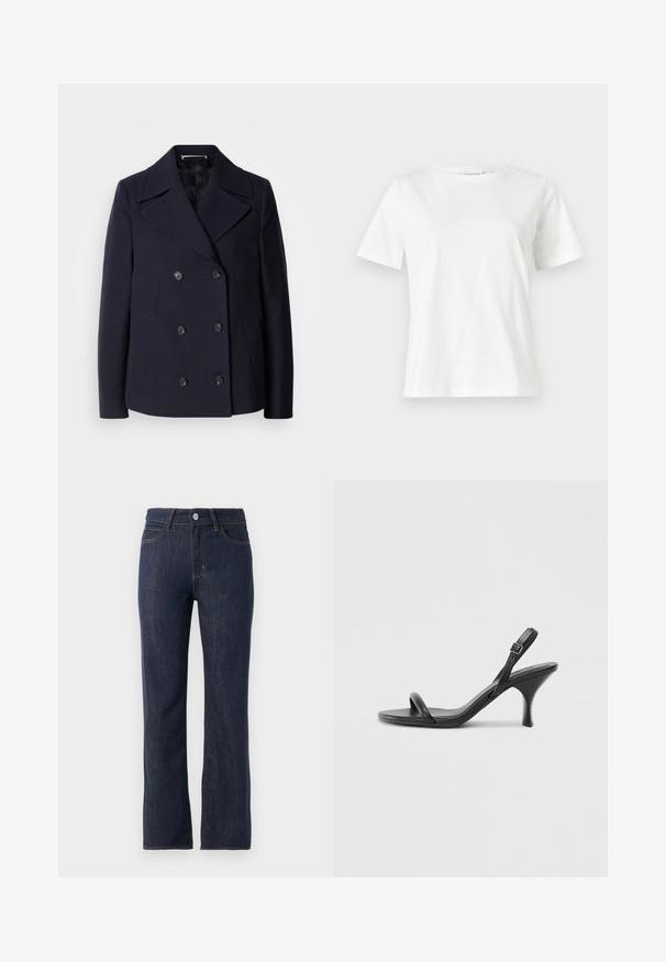 Mornarska vuna kaput s dvostrukim kopčanjem, velikim izrezanim reverima, crnim gumbima i bočnim džepovima. Glatka tekstura i kroj prilagođen tijelu.; Bijela pamučna majica s kratkim rukavima, okruglim izrezom i opuštenim krojem. Glatka tekstura, bez uzoraka ili akcenata, minimalistički dizajn.; Tamnoplave traperice s ravnim nogavicama, s dugmetom za zatvaranje, pet džepova i kontrastnim narančastim šavom.; Crne kožne sandale na visoku petu s tankom, zakrivljenom petom i dizajnom prekriženih traka. Podesiva traka oko gležnja. Glatka tekstura.