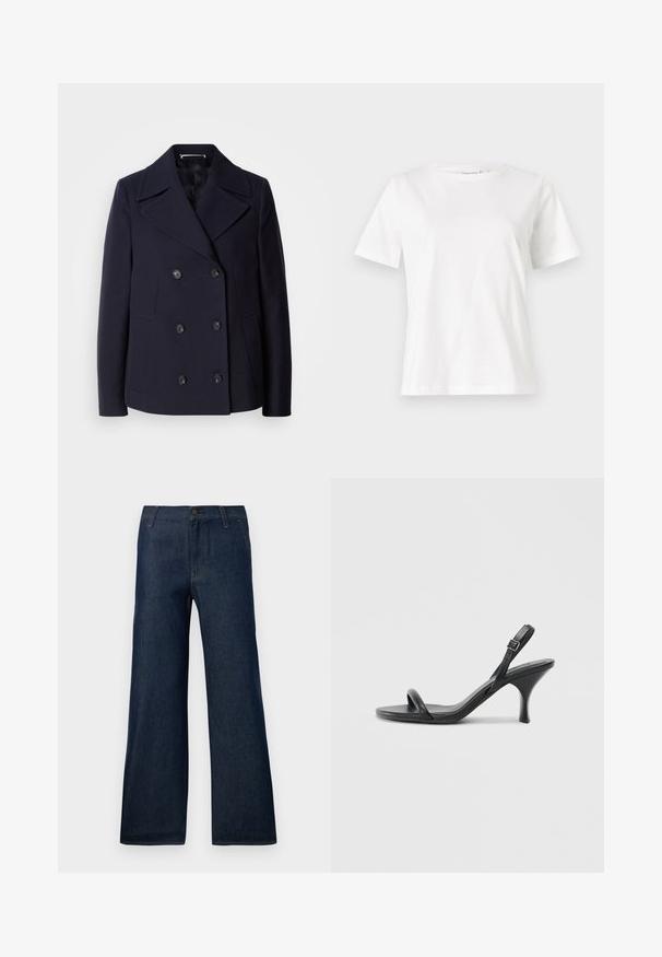 Mārīnas vilnas peacoat ar dubulto aizdari, lieliem izgrieztiem uzvalkiem, melnām pogām un sānu kabatām. Gluda tekstūra un pielāgota piegriezuma.; Baltas kokvilnas T-krekls ar īsām piedurknēm, apaļu kakla izgriezumu un brīvu piegriezumu. Gluda tekstūra, bez rakstiem vai akcentiem, minimālistisks dizains.; Tumši zili plaša kāju džinsi, kas izgatavoti no denima, ar klasisku piecu kabatu dizainu, pogu aizdari un izsmalcinātiem šuvuma akcentiem.; Melnas ādas augstpapēžu sandales ar plānu, izliekta formas papēdi un krustenisku siksnu dizainu. Regulējama potītes siksna. Gluda tekstūra.