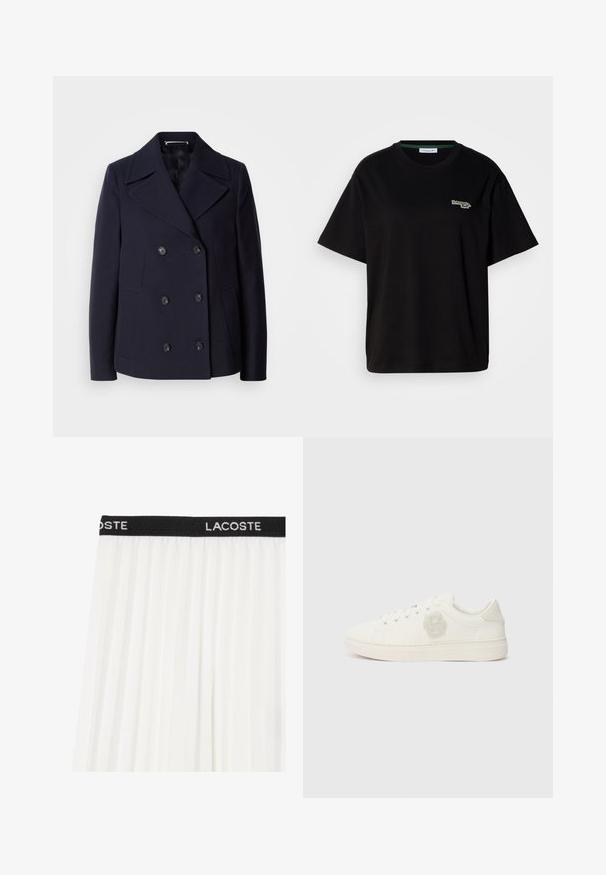 Námornícky vlněný kabát s dvojitým zapínaním, veľkými klopami, čiernymi gombíkmi a bočnými vreckami. Hladká textúra a priliehavý strih.; Čierne bavlnené tričko s krátkymi rukávmi, s malým zeleným logom na ľavej strane hrude. Klasický okrúhly výstrih, voľný strih.; Biela plisovaná sukňa s čiernym pásom, na ktorom je vyšívané "LACOSTE" bielou farbou. Ľahký, plynulý materiál s hladkou textúrou.; Biele tenisky s hladkým koženým zvrškom, okrúhlou špičkou, plochými šnúrkami a textúrovanou nášivkou loga na boku. Gumová podrážka s minimálnym vzorom.
