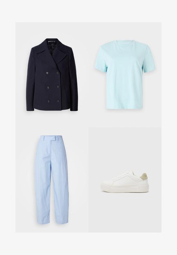 Navy wool pea coat with a double-breasted design, large notched lapels, black buttons, and side pockets. Smooth texture and tailored fit.; Light blue cotton t-shirt featuring short sleeves, a crew neck, and subtle 'Calvin Klein' embroidered logo on the front.; Light blue wide-leg trousers with vertical white and red stripes, featuring a belt loop waistband and side pockets.; White sneaker with a smooth leather upper, light grey suede heel accent, and a chunky white rubber sole. Features a lace-up design.