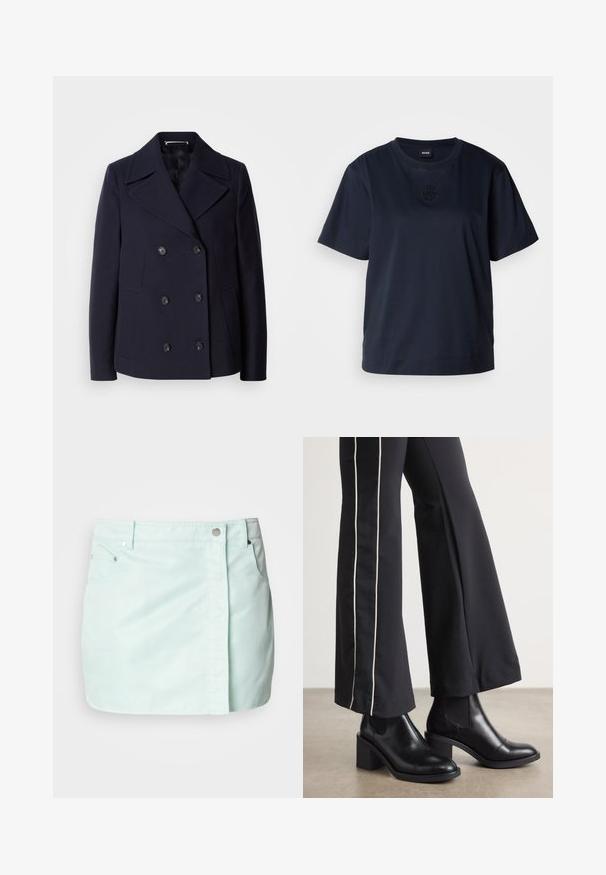 Casaco de lã azul-marinho estilo "pea coat" com design de duplo peito, grandes lapelas recortadas, botões pretos e bolsos laterais. Textura suave e corte ajustado.; T-shirt de manga curta azul marinho feita de algodão macio. Apresenta um decote redondo e um logo bordado discreto no peito.; Saia de ganga verde menta clara com fecho frontal de botão e zíper, dois bolsos laterais e uma textura limpa e suave.; Botas de tornozelo em couro preto com um salto bloco, apresentando painéis laterais elásticos. Combinadas com calças pretas que têm uma faixa lateral branca.
