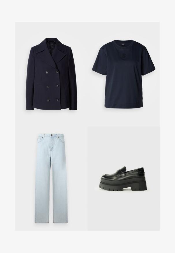 Merivärinen villapeacoat, jossa on kaksirivinappi-malli, suuret lovikilvet, mustat nappit ja sivutaskut. Silkkinen pinta ja räätälöity istuvuus.; T-paita tummansinisestä pehmeästä puuvillasta, lyhyet hihat. Pyöristetty pääntie ja hillitty brodeerattu logo rinnassa.; Vaaleansiniset leveälahkeiset farkut, joissa on korkea vyötärö, etutaskut ja nappisuljenta. Tasaisen sileä farkkukangas, vähäinen kuluminen, suora lahjetyyli.; Musta nahkakengät, joissa on muhkea pohja. Pyöristetty kärki, etusauman yksityiskohtia ja hienovaraisia ompeluaksentteja. Littee, kuvioitu ulkopohja.