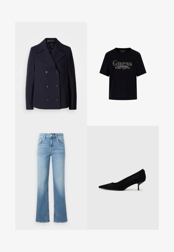 Mārīnas vilnas peacoat ar dubulto aizdari, lieliem izgrieztiem uzvalkiem, melnām pogām un sānu kabatām. Gluda tekstūra un pielāgota piegriezuma.; Melna kokvilnas T-kreklu ar apaļu kakla izgriezumu un īsām piedurknēm. Satur mirdzošu "Guess" logo un tekstu "Izveidots 1981. gadā".; Gaiši zilas džinsa platās kājas bikses ar augstu jostasvietu, kas satur divus priekšējos kabatas, augšējo pogu aizdari un nedaudz izbalējušas.; Melnas zamšādas augstpapēžu kurpes ar vienu punktētu purngalu un šauru, zemu papēdi. Gluda tekstūra ar elegantu dizainu, bez redzamiem aksesuāriem.