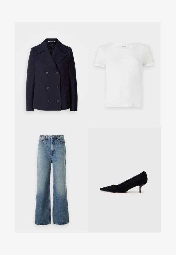 Casaco de lã azul-marinho estilo "pea coat" com design de duplo peito, grandes lapelas recortadas, botões pretos e bolsos laterais. Textura suave e corte ajustado.; T-shirt branca de algodão com decote redondo e mangas curtas. O tecido parece suave, com uma textura leve e sem padrões visíveis.; Jeans de ganga azul claro com cintura alta, corte largo, ligeiramente desbotados e costura em contraste; apresenta bolsos frontais e fecho com botão.; Sapato de salto alto em camurça preta com bico afunilado e salto baixo e fino. Textura suave com um design elegante, apresentando nenhum hardware visível.