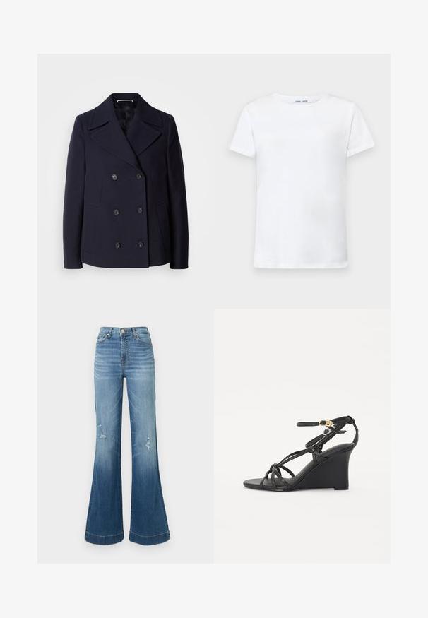 Námořnický vlněný kabát s dvojitým zapínáním, velkými klopami, černými knoflíky a bočními kapsami. Hladká textura a přiléhavý střih.; Bílá krátká tričko s krátkým rukávem vyrobené z bavlny s kruhovým výstřihem. Hladká textura a rovný střih, bez vzorů nebo akcentů.; Modré denimové zvonové džíny s vysokým pasem, viditelným švem a opotřebením v oblasti kolen. Zvonová část se rozšiřuje od kolene až k lemu.; Černé klínové sandály s tenkými křížovými pásky a nastavitelným řemínkem na kotníku se zlatou sponou. Hladký kožený povrch.