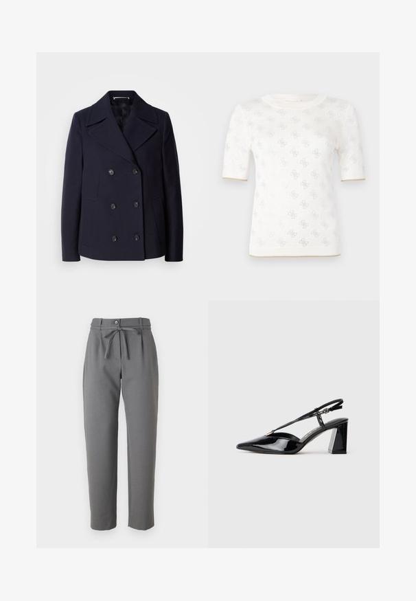 Mornarska vuna kaput s dvostrukim kopčanjem, velikim izrezanim reverima, crnim gumbima i bočnim džepovima. Glatka tekstura i kroj prilagođen tijelu.; Pleteni bijeli top s kratkim rukavima s suptilnim uzorkom, s okruglim izrezom i zlatnim naglaskom na rubu. Tekstura je lagana i prozračna.; Sivi taperisani hlače od glatkog materijala, s dugmetom na zatvaranju i remenom vezanim u struku. Nema vidljivih džepova.; Crne lakirane kožne cipele s otvorenom petom, visoke potpetice, šiljastog prsta, podesivom trakom i debelim pravokutnim potplatom.