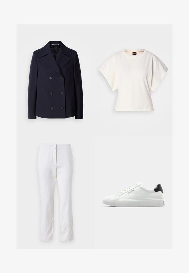 Marineblauer Woll-Peacoat mit einem doppelt geknöpften Design, großen Reverskragen, schwarzen Knöpfen und seitlichen Taschen. GlatteTextur und taillierte Passform.; Weißes, kurzes T-Shirt, kurze weite Ärmel, weicher Baumwollstoff, runder Ausschnitt mit subtilen orangefarbenen Akzenten, minimales Design, keine Muster oder Grafiken.; Weiße Baumwollhose mit geradem Bein, mittelhoher Taille und ohne sichtbare Beschläge oder Muster. Glatte Textur auf der gesamten Fläche.; Weißer Sneaker mit glatter Oberfläche, schwarzem Absatz und Schnürdesign. Mit "Calvin Klein"-Branding an der Seite. Minimalistischer Stil.