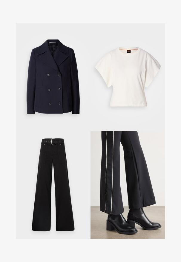 Tumevillane põhjakoot, millel on topeltkinnitatud disain, suured lõikega kraed, mustad nööbid ja küljetaskud. Sile tekstuur ja kohandatud sobivus.; Valge lühikeste laiadte varrukatega lühike T-särk, pehme puuvillane materjal, ümar kaelus kergelt oranži ääristusega, minimaalne disain, ilma mustrite ja graafikateta.; Mustad laiad mustad püksid, mis on valmistatud puuvillast, kõrge vöökoha, suurte küljetaskute ja kumerate rihmadega, kus on hõbedased detailid.; Mustad nahast pahklu_bootid, millel on ploki konts ja elastsed külgpaneelid. Kombineeritud mustade pükstega, millel on valge küljeriba.