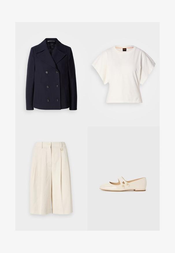 Tumevillane põhjakoot, millel on topeltkinnitatud disain, suured lõikega kraed, mustad nööbid ja küljetaskud. Sile tekstuur ja kohandatud sobivus.; Valge lühikeste laiadte varrukatega lühike T-särk, pehme puuvillane materjal, ümar kaelus kergelt oranži ääristusega, minimaalne disain, ilma mustrite ja graafikateta.; Bežideltid lühikesed püksid pleedi disainiga, koos nööbiga kinnituse ja metallaktsendiga. Valmistatud kergest kangast, millel on sile tekstuur.; Ebenvalge patendiga baleriinad, millel on kaks dekoratiivset rihma ja kuldseid nuppe, ümmarguse toe ja madala plokkninaga.