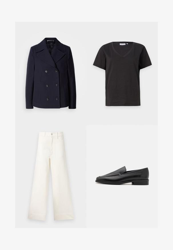 Jūrų laivyno vilnonis peacoat'as su dvigubos krūtinės dizainu, dideliais įpjovimais, juodomis sagomis ir šoninėmis kišenėmis. Lygus audinys ir pritaikytas siluetas.; Juodas medvilninis marškinėlis su V formos iškirpte ir trumpomis rankovėmis. Paprastas dizainas, reguliaraus kirpimo, be raštų ar akcentų.; Platus kojų kelnes šviesiai smėlio spalvos medvilnės. Aukšta juosmens linija, priekinės kišenės ir tiesus kirpimas. Švarus apvadas be raštų.; Juodi odiniai loaferiai su apvaliu pirštu, lygia apdaila, subtilia siuvinėjimo detale ir žemu, masyviu kulnu. Lygus padas komfortui.