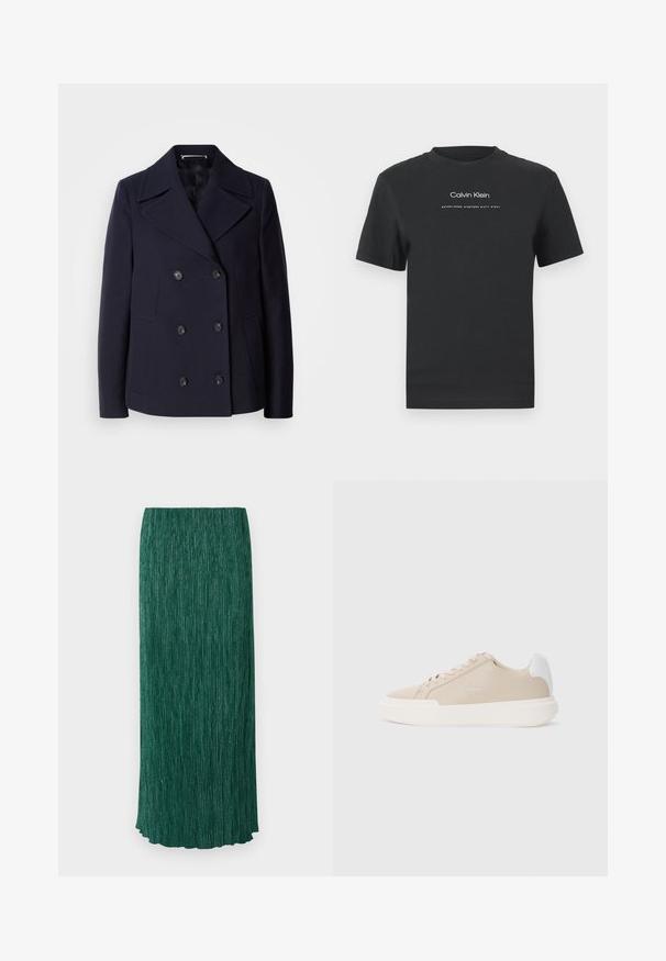 Námořnický vlněný kabát s dvojitým zapínáním, velkými klopami, černými knoflíky a bočními kapsami. Hladká textura a přiléhavý střih.; Černé bavlněné tričko s kulatým výstřihem, krátkými rukávy a bílým potiskem loga "Calvin Klein" a textem "Established 1968".; Dlouhá zelená sukně s texturovaným povrchem, vertikálními plizé a jemným leskem. Má rovný střih a lem s vlnkovaným zakončením.; Béžové kožené tenisky s bílým zadním akcentem, plochou bílou podrážkou a tónovým šitím s logem na boku.