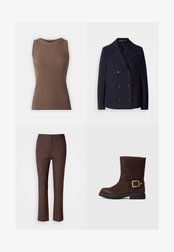 Námořnický vlněný kabát s dvojitým zapínáním, velkými klopami, černými knoflíky a bočními kapsami. Hladká textura a přiléhavý střih.; DRYKORN OLINA - Top - brown; Hnědé kalhoty na míru se slim fit, mají plochý přední díl, subtilní boční kapsy a hladkou, mírně elastickou tkaninu.; Hnědé daimové kotníkové boty s kulatou špičkou, plochou černou podrážkou a zlatou sponou na boku. Hladká textura a jednoduchý design.
