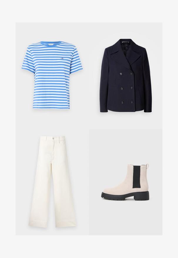 Marineblauer Woll-Peacoat mit einem doppelt geknöpften Design, großen Reverskragen, schwarzen Knöpfen und seitlichen Taschen. GlatteTextur und taillierte Passform.; Blau-weiß gestreiftes T-Shirt mit kurzen Ärmeln aus Baumwolle, mit Rundhalsausschnitt und kleinem gesticktem Logo auf der Brust.; Weite Hosen aus hellem beigen Baumwollstoff. Mit hoher Taille, vorderen Taschen und geradem Schnitt. Saubere Saumverarbeitung ohne Muster.; Beige Wildleder Chelsea-Stiefel mit schwarzer elastischer Seitenpartie, dicker schwarzer Sohle und Zuglasche am Knöchel.