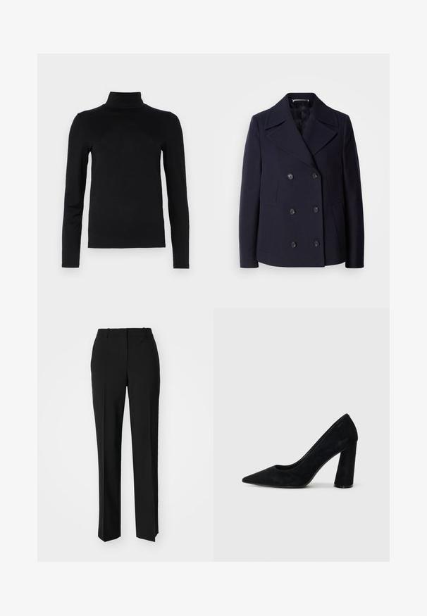 Granatowy wełniany płaszcz typu pea coat z podwójnym zapięciem, dużymi klapami, czarnymi guzikami oraz kieszeniami po bokach. Gładka tekstura i dopasowany krój.; DRYKORN ZERAFNE czarny; Czarne spodnie o dopasowanym kroju z prostymi nogawkami, o gładkiej fakturze i wyraźnych zagięciach z przodu. Bez widocznych elementów metalowych.; Czarne zamszowe szpilki z ostrym noskiem i masywnym obcasem. Smukły design, gładka faktura i minimalistyczny styl. Brak widocznej marki.
