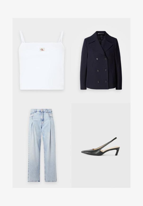 Tumevillane põhjakoot, millel on topeltkinnitatud disain, suured lõikega kraed, mustad nööbid ja küljetaskud. Sile tekstuur ja kohandatud sobivus.; Valge ribatud lühike topp õhukeste õlavarre rihmadega, mille esiküljel on väike ruudukujuline sümbol punaste "CK" tähtedega. Sile tekstuur.; Heledad sinise denimist valmistatud teksapüksid kõrge vöökohaga, laia jala lõikega, kahe külje taskuga ja pleedi disainiga. Pehme tekstuur ja pleekinud viimistlus.; Must mustaga, terav varvas, madala kontsaga sildiga king, mis on valmistatud siledast nahast ja mille küljel on lõike disain hingavuse tagamiseks.