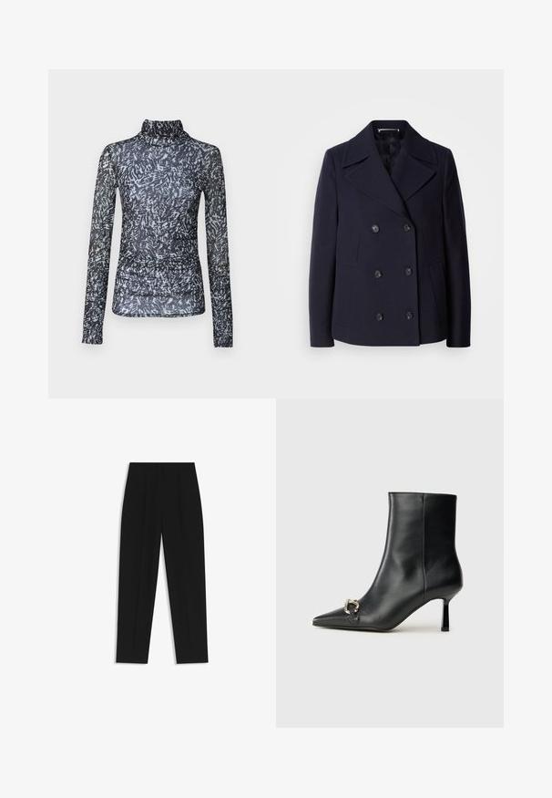 Merivärinen villapeacoat, jossa on kaksirivinappi-malli, suuret lovikilvet, mustat nappit ja sivutaskut. Silkkinen pinta ja räätälöity istuvuus.; Pitkähihaisessa, korkean kauluksen paidassa on läpinäkyvää mustaa kangasta, jossa on abstrakteja valkoisia ja harmaita kuvioita; vyötärössä on gathered-yksityiskohtia.; Mustat housut suoran istuvuuden kanssa, joissa on kaksinkertaiset laskokset, sileä pinta ja klassinen vyötärönauhan muotoilu. Ei näkyviä metalliosia tai koristeita.; Musta nahkasaapas nilkkapituisilla, terävillä kärjillä, hoikalla keskipituisella korolla ja hopeavöillä sivussa yksinkertaista taustaa vasten.