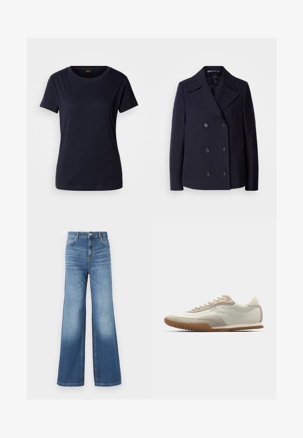 Tengerész navy gyapjú peacoat, dupla gombos kialakítással, nagy kivágott hajtókákkal, fekete gombokkal és oldalsó zsebekkel. Sima textúra és szabott illeszkedés.; Tengerészkék, rövid ujjú pamut póló, kerek nyakkal és a mellkason elhelyezett, kis hímzett logóval. Sima tapintású.; Világoskék farmer széles szárú nadrág magas derékkal, öt zsebből, övhurkokból és finom elhalványulásból a szegélynél.; Fehér és bézs sportcipő sima felsőrésszel, velúr részletekkel, textúrált talppal és tonális varrással. Fűzős záródás logó részlettel.