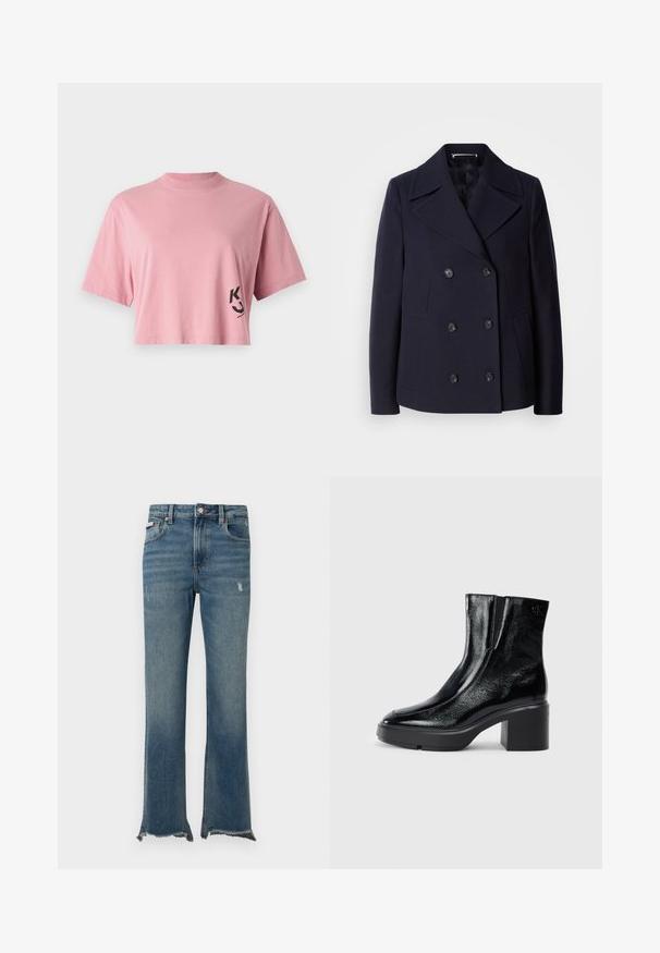 Navy wool pea coat with a double-breasted design, large notched lapels, black buttons, and side pockets. Smooth texture and tailored fit.; Cropped t-shirt in soft pink cotton with short sleeves and a crew neckline. Features a black logo design on the lower left side.; Blue denim jeans with slight distressing, raw frayed hems, front pockets, belt loops, and a button closure.; Black patent leather ankle boots with a curved toe, elastic side panels, and a chunky block heel. Features embossed logo on the back.