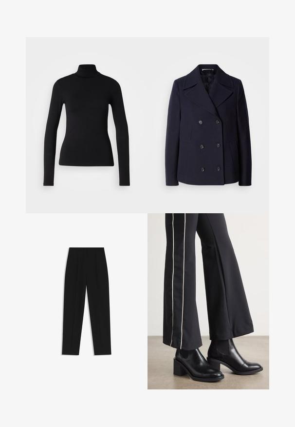 Navy wol pea coat met een dubbele rij knopen, grote gelapende revers, zwarte knopen en zijzakken. Gladde textuur en taillerende pasvorm.; Zwarte coltrui van rekbaar materiaal. Heeft lange mouwen, een aansluitend ontwerp en een gladde textuur zonder patronen of versieringen.; Zwarte broeken met een rechte pasvorm, voorzien van dubbele plooien, een zachte textuur en een klassiek taillebandontwerp. Geen zichtbare hardware of accenten.; Zwarte leren enkellaarzen met een blokhak, voorzien van elastische zijpanelen. Gecombineerd met zwarte broeken met een witte zijstreep.