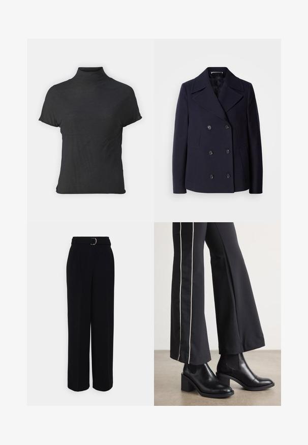 Navy wool pea coat with a double-breasted design, large notched lapels, black buttons, and side pockets. Smooth texture and tailored fit.; Black short-sleeve turtleneck top made of lightweight fabric with a smooth texture and a fitted shape, featuring a high neckline.; Black tailored pants with a wide-leg silhouette, featuring a belt with a silver buckle, pleats, and a smooth fabric texture.; Black leather ankle boots with a block heel, featuring elastic side panels. Paired with black pants that have a white side stripe.