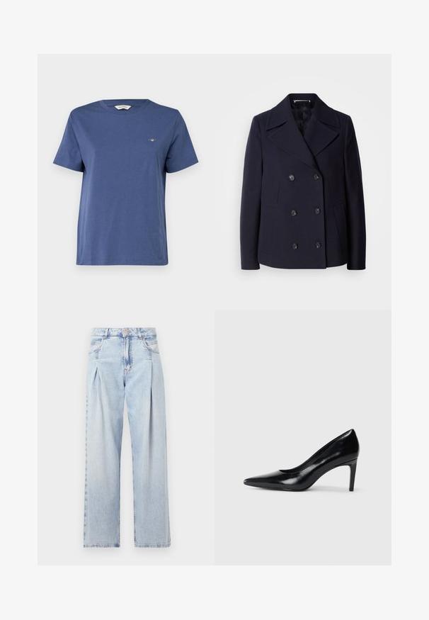 Mārīnas vilnas peacoat ar dubulto aizdari, lieliem izgrieztiem uzvalkiem, melnām pogām un sānu kabatām. Gluda tekstūra un pielāgota piegriezuma.; GANT PRINTED ARCHIVE SHIELD - Pamata T-krekls - dusty navy; Gaiši zilas džinsu bikses ar augstu jostasvietu, plats kāju griezumu, divām sānu kabatām un krokotā dizaina akcentiem. Mīksta tekstūra ar izdilušu apdari.; Melnas ādas augstpapēžu kurpes ar norādītu purngali, gludu tekstūru un šauru papēdi. Minimālistisks dizains, bez papildu rotājumiem.