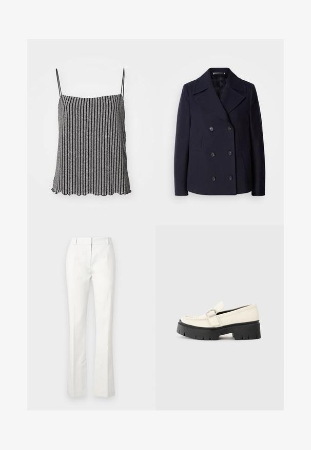 Mārīnas vilnas peacoat ar dubulto aizdari, lieliem izgrieztiem uzvalkiem, melnām pogām un sānu kabatām. Gluda tekstūra un pielāgota piegriezuma.; Melnā un sudraba svītrainā topiņš ar plāniem regulējamajiem siksniņām, piedāvājot mīkstu, teksturētu audumu un viļņotu apakšmali.; Baltas pielāgots bikses ar izvērstu apakšdaļu, ar priekšējām krokām un gludu tekstūru, izgatavotas no viegla auduma.; Baltā ādas loafera ar masīvu melnu platformu, ar taisnstūra sudraba sprādzi un redzamām šuvām augšējā daļā.