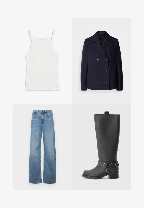 Casaco de lã azul-marinho estilo "pea coat" com design de duplo peito, grandes lapelas recortadas, botões pretos e bolsos laterais. Textura suave e corte ajustado.; Top branco sem mangas com alças finas, feito de tecido de algodão canelado, apresentando um decote reto e um acabamento limpo na bainha.; Jeans de perna larga azul claro feitos de denim, com uma cintura alta, bolsos frontais e um design clássico de cinco bolsos, com desvanecimentos subtis.; Bota preta de couro até ao joelho com um acabamento texturizado, apresentando um detalhe de fivela lateral e um salto baixo. Costura detalhada ao longo das costuras.