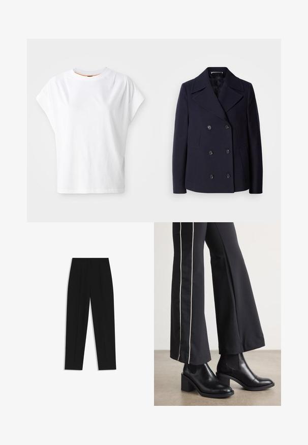 Cappotto da marinaio in lana blu navy con design doppiopetto, ampie rever, bottoni neri e tasche laterali. Tessuto liscio e vestibilità sartoriale.; T-shirt bianco a maniche corte con vestibilità ampia. Presenta un colletto rotondo e un discreto logo sul davanti. Realizzato in tessuto di cotone.; Pantaloni neri a taglio dritto, con doppie pieghe, una texture liscia e un design classico in vita. Nessun hardware o dettaglio visibile.; Stivaletti in pelle nera con tacco a blocco, dotati di pannelli elastici sui lati. Abbinati a pantaloni neri con una striscia bianca laterale.