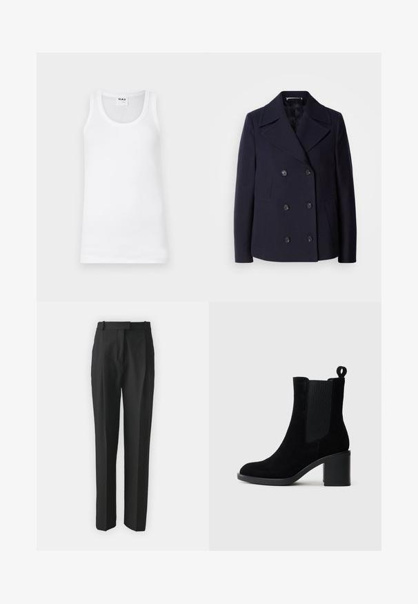 Navy wool pea coat with a double-breasted design, large notched lapels, black buttons, and side pockets. Smooth texture and tailored fit.; White cotton tank top featuring a classic crew neckline, ribbed texture, and reinforced armholes. Label displays "DAY."; Black tailored trousers made from lightweight fabric, featuring a straight cut, flat front, and belt loops. Smooth texture with no visible patterns.; Black suede ankle boot with a chunky heel, elastic side panels, and a pull tab. Smooth texture and rounded toe design.