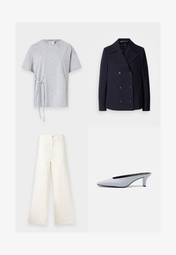 Cappotto da marinaio in lana blu navy con design doppiopetto, ampie rever, bottoni neri e tasche laterali. Tessuto liscio e vestibilità sartoriale.; T-shirt grigia in cotone con scollatura rotonda, maniche corte e dettaglio di nodo laterale. Vestibilità casual con texture e design semplice.; Pantaloni a gamba larga in cotone beige chiaro. Caratterizzati da vita alta, tasche anteriori e un taglio dritto. Orlo pulito senza motivi.; Mule in pelle lucida blu chiaro con punta affusolata, tacco trasparente basso e design elegante caratterizzato da un'apertura sulla parte superiore.