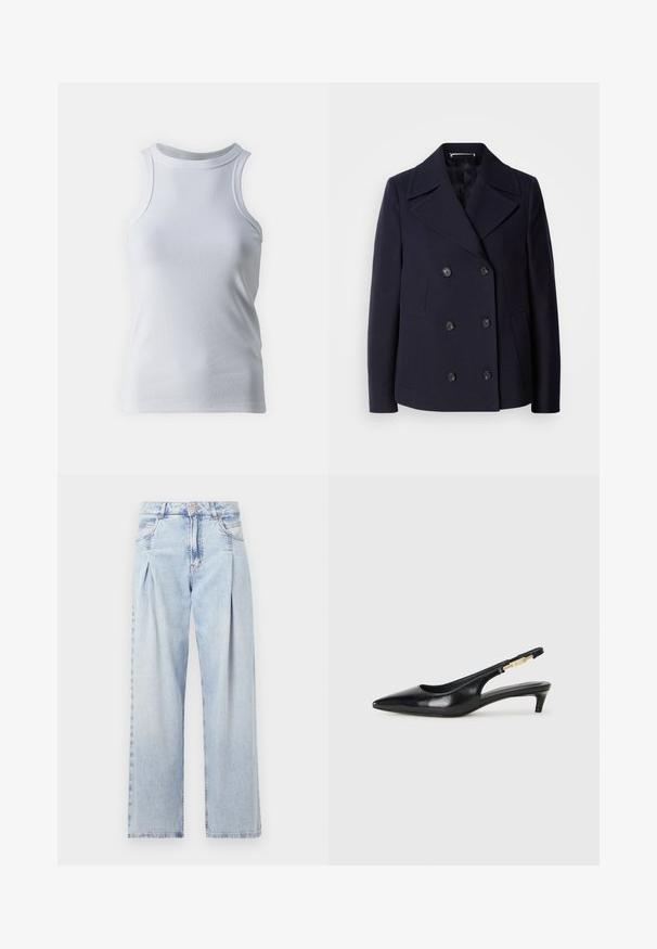 Jūrų laivyno vilnonis peacoat'as su dvigubos krūtinės dizainu, dideliais įpjovimais, juodomis sagomis ir šoninėmis kišenėmis. Lygus audinys ir pritaikytas siluetas.; Baltas be rankovių marškinėlis, pagamintas iš minkštos ir elastingos medvilnės. Turintis aukštą iškirptę ir lygų paviršių be raštų ar akcentų.; Šviesiai mėlyni džinsai su aukštu liemeniu, plačiomis kojomis, dviem šoninėmis kišenėmis ir raukinių dizainu. Minkšta tekstūra su nudilusia apdaila.; Juodas odinis pavasario batelių modelis su smailiu nosiu, turintis siaurą kulniuką ir auksinės spalvos akcentu reguliuojamoje juostoje. Lygi tekstūra.