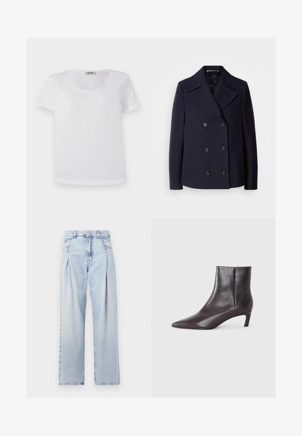 Mørkeblå uld pea coat med dobbeltbrystet design, store slagkraver, sorte knapper og sidelommer. Glat tekstur og skræddersyet pasform.; Hvid kortærmet t-shirt lavet af blødt stof, med rund halsudskæring og lige kant uden synlige mønstre eller detaljer.; Lyseblå denim jeans med høj talje, bred benåbning, to sidelommer og plisseret design. Blød tekstur med et falmet finish.; Sort læder ankelstøvle med spids tå og lav kittenhæl, glat finish, lynlås i siden, vist på en neutral baggrund.