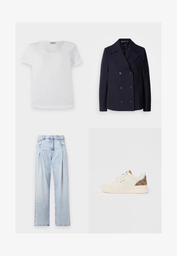 Granatowy wełniany płaszcz typu pea coat z podwójnym zapięciem, dużymi klapami, czarnymi guzikami oraz kieszeniami po bokach. Gładka tekstura i dopasowany krój.; Biała koszulka z krótkim rękawem, wykonana z miękkiego materiału, z okrągłym dekoltem i prostym dołem bez widocznych wzorów czy akcentów.; Jasnoniebieskie dżinsy z wysokim stanem, szerokimi nogawkami, dwoma bocznymi kieszeniami oraz plisowanym wzorem. Miękka tekstura z wyblakłym wykończeniem.; Niskie białe trampki z beżowym wzorzystym piętkiem i językiem, złotym logo "GUESS" z boku oraz białymi sznurowadłami na białym tle.
