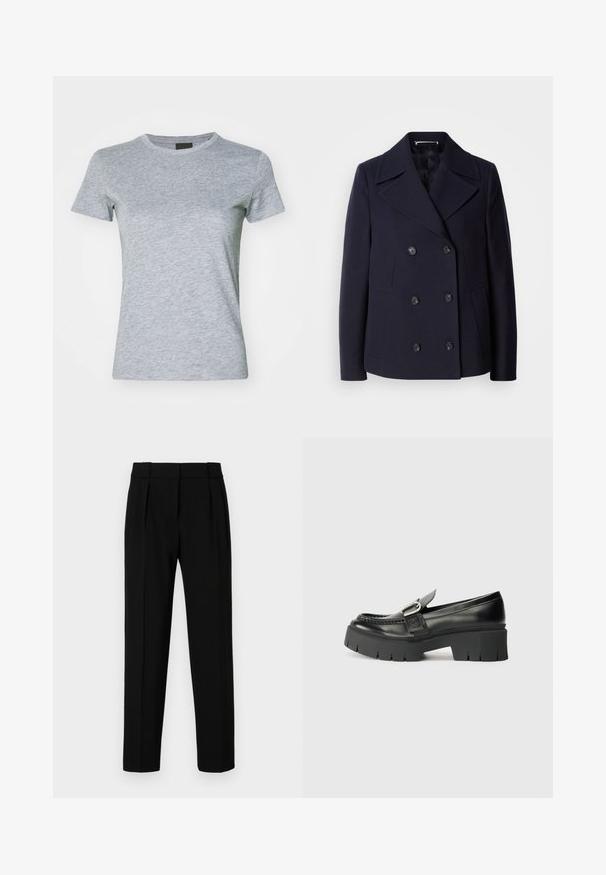 Mārīnas vilnas peacoat ar dubulto aizdari, lieliem izgrieztiem uzvalkiem, melnām pogām un sānu kabatām. Gluda tekstūra un pielāgota piegriezuma.; Pelēks īsām piedurknēm T-krekls, izgatavots no mīkstas kokvilnas maisījuma, ar klasisku apaļu izgriezumu un smalku tekstūru visā audumā.; Melnas pielāgotas bikses ar taisnu piegriezumu, ar plecu priekšpusi, pulētu audumu un vidēju jostasvietu. Nav redzamu kabatu vai detaļu.; Melnas ādas loafers ar masīvu gumijas zoli. Iezīmējas ar sprādzes akcentu un izšuvumu detaļām virsējā daļā. Plakans papēdis.