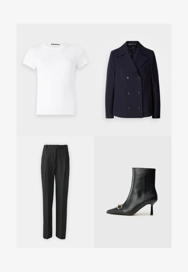 Palton din lână bleumarin, cu design cu două rânduri de nasturi, clape mari la guler, nasturi negri și buzunare laterale. Textură netedă și croială ajustată.; Tricou alb cu mânecă scurtă, fabricat dintr-un material de bumbac ribetat. Are un decolteu rotund și un design ajustat, cu o textură netedă.; Pantaloni negri croiți dintr-un material ușor, cu croi drept, față plată și bucle pentru curea. Textură netedă fără modele vizibile.; Botine negre din piele, cu vârf ascuțit, toc subțire de înălțime medie și detaliu cu cataramă argintie pe lateral, pe un fundal simplu.