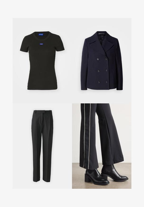 Mornarska vuna kaput s dvostrukim kopčanjem, velikim izrezanim reverima, crnim gumbima i bočnim džepovima. Glatka tekstura i kroj prilagođen tijelu.; Crna majica kratkih rukava od rebraste pamuka, sa plavim bedžom "HUGO" na prednjoj strani. Klasični dizajn s okruglim izrezom.; Crne krojene hlače od laganog materijala, s ravnim krojem, ravnim prednjim dijelom i petljama za remen. Glatka tekstura bez vidljivih uzoraka.; Crne kožne gležnjače s blok petom, s elastičnim bočnim panelima. Uparene s crnim hlačama koje imaju bijelu bočnu prugu.