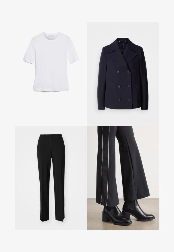 Palton din lână bleumarin, cu design cu două rânduri de nasturi, clape mari la guler, nasturi negri și buzunare laterale. Textură netedă și croială ajustată.; Tricou alb cu mânecă scurtă, confectionat dintr-un material texturat. Gât rotund, tăietură regulară și detalii subtile de cusătură. Fără modele sau grafice.; Pantaloni negri tailor-ed cu un design drept, având o textură fină și cute clare pe față. Fără elemente de prindere vizibile.; Bocanci de piele negri până la gleznă, cu toc pătrat, având panouri elastice pe laterale. Asortați cu pantaloni negri care au o dungi albă pe lateral.