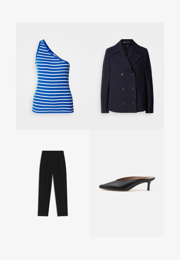 Navy wol pea coat met een dubbele rij knopen, grote gelapende revers, zwarte knopen en zijzakken. Gladde textuur en taillerende pasvorm.; Mouwloze top met één schouder in blauw en wit met horizontale strepen. Gemaakt van ribbelstof met een aansluitende pasvorm en een contrasterende halslijn.; Zwarte broeken met een rechte pasvorm, voorzien van dubbele plooien, een zachte textuur en een klassiek taillebandontwerp. Geen zichtbare hardware of accenten.; Zwarte leren muiltjes met een puntige neus en een lage, blokhak. Glad oppervlak met een gestroomlijnd ontwerp. Open achterkant met minimale details.