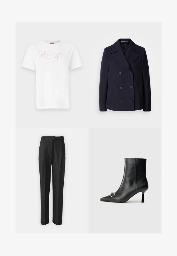 Casaco de lã azul-marinho estilo "pea coat" com design de duplo peito, grandes lapelas recortadas, botões pretos e bolsos laterais. Textura suave e corte ajustado.; T-shirt de algodão branco com um logótipo "Hugo" em cursivo e cor de rosa dourada brilhante na parte da frente. Decote redondo padrão e mangas curtas.; Calças pretas de corte ajustado, feitas de um tecido leve, com corte reto, frente lisa e passantes para cinto. Textura suave sem padrões visíveis.; Bota preta de couro até ao tornozelo com bico apontado, salto slim de altura média e detalhe em fivela prateada de lado, contra um fundo simples.