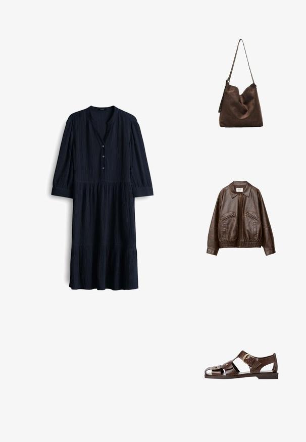 Braune Kunstleder-Bomberjacke mit einem Frontreißverschluss, zwei schrägen Reißverschlusstaschen, weitem Kragen und gerafftem elastischen Bund.; Navyblaues, strukturiertes Baumwollkleid mit V-Ausschnitt, drei Knöpfen und Dreiviertelärmeln. Ausgestellter Saum mit gerafften Akzenten.; Braune Leder-Sandale mit ausgeschnittenem Design, verstellbarem seitlichem Riemenverschluss und flacher Sohle, mit Metallakzenten und offenem Zehenbereich.; Braune Wildleder-Hobo-Tasche mit geschwungenem oberen Teil, einem langen Trageriemen mit Punktakzenten und einer weichen Textur. Verfügt über ein lässiges Design für den täglichen Gebrauch.