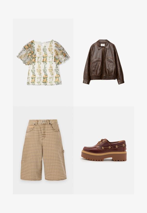 Hnědá bomber bunda z umělé kůže se předním zipem, dvěma šikmými zipovými kapsami, širokým límcem a staženým elastickým pasem.; Ida Sjöstedt MAGDA EMBROIDERY - Triko s potiskem - multi-coloured; BDG Urban Outfitters CHECK NICOLA JORT - Šortky - beige; Hnědé kožené boty na lodi s robustní hnědou gumovou podrážkou, zlatými očky a kontrastním prošíváním. Na boku se nachází logo.