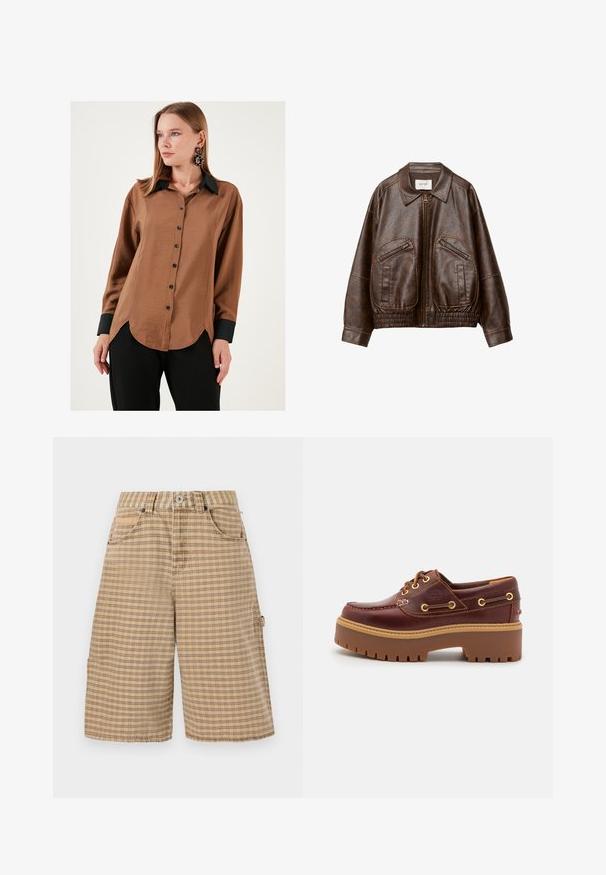 Brown faux leather bomber jacket with a front zipper, two angled zippered pockets, wide collar, and gathered elastic waistband.; Brown satin button-up shirt with a black collar and cuffs, featuring a curved hem and black buttons, worn with black pants.; BDG Urban Outfitters CHECK NICOLA JORT - Shorts - beige; Brown leather boat shoe with a chunky brown rubber sole, gold eyelets, and contrast stitching. Features a logo on the side.