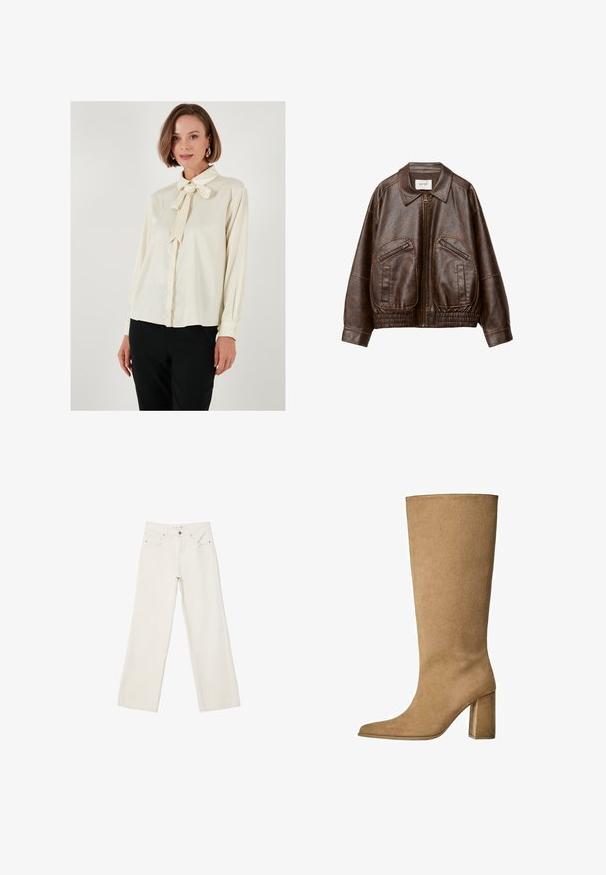 Hnědá bomber bunda z umělé kůže se předním zipem, dvěma šikmými zipovými kapsami, širokým límcem a staženým elastickým pasem.; Krémová blůza s límcem na mašličku, dlouhými rukávy a knoflíkovými manžetami; hladký materiál s volným střihem; v kombinaci s černými kalhotami.; Bílé široké džíny vyrobené z denimové látky, s vysokým pasem, předními kapsami a knoflíkovým zapínáním. Čistý design s minimálními akcenty.; Tan semišové kozačky po kolena s blokovým podpatkem, s špičatou špičkou a hladkým povrchem. Minimalistický design bez zdobení.