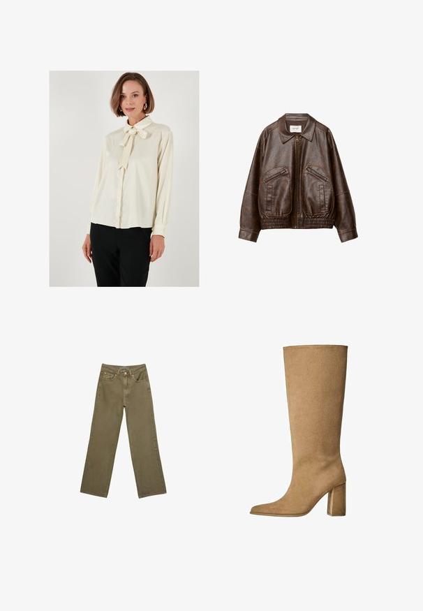 Hnedá umeloleaterová bombrová bunda s predným zipsom, dvoma šikmými zipsovými vreckami, širokým golierom a zberným elastickým pásom.; Krémová blúzka s golierom na mašľu, dlhými rukávmi a gombíkovými manžetami; hladká textúra s voľným strihom; kombinovaná s čiernymi nohavicami.; Olive zelené nohavice s širokými nohavicami v bavlne s pevnou textúrou. Obsahujú zips na prednej strane, päť vreciek a kontrastné šitie v blízkosti pásu.; Hnedé semišové čižmy po kolená s blokovým podpätkom, so špicatou špičkou a hladkou textúrou. Minimalistický dizajn bez ozdôb.